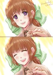 Rule 34 | 1girl, absurdres, artist name, blush, bow, brown hair, closed eyes, green bow, hair bow, highres, long hair, looking at viewer, marguerite fatima, open mouth, ponytail, purple eyes, smile, starbacks udon, xenogears