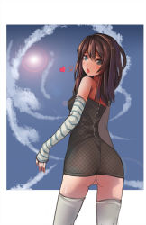 Rule 34 | 1girl, ass, brown hair, cloud, detached sleeves, dress, green eyes, heart, highres, huansewuse, long hair, no panties, original, pussy, sky, solo, striped, tears, thighhighs, tongue
