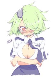 Rule 34 | 1girl, bad id, bad pixiv id, blush, breast lift, breasts, bursting breasts, buttons, cleavage, crossed arms, eyepatch, green hair, hair over one eye, impossible clothes, large breasts, necktie, open clothes, open mouth, open shirt, otonashi kiruko, popped button, ringed eyes, shinmai fukei kiruko-san, shirt, short hair, simple background, skirt, solo, sumaki shungo, tears, wardrobe malfunction, wavy mouth, yellow eyes