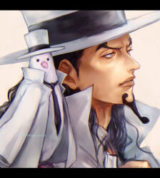 Rule 34 | 1boy, animal, animal on shoulder, bird, bird on shoulder, black hair, closed mouth, coat, coat on shoulders, collared coat, facial hair, from side, goatee, hat, hattori (one piece), high collar, highres, lips, long hair, looking at viewer, looking away, male focus, necktie, one piece, profile, rob lucci, top hat, tsuyomaru, twitter username
