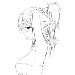 Rule 34 | 1girl, adjusting hair, arms up, blush, breasts, greyscale, large breasts, lineart, long hair, monochrome, mouth hold, profile, simple background, solo, tying hair, upper body, white background, zaxwu
