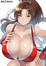 Rule 34 | 1girl, artist name, breasts, brown eyes, brown hair, chikoinochi, cleavage, collarbone, fatal fury, female focus, highres, huge breasts, leotard, leotard under clothes, long hair, matching hair/eyes, red leotard, revealing clothes, shiranui mai, simple background, snk, solo, the king of fighters, twitter username, white background