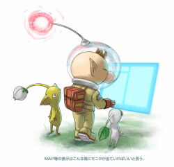 Rule 34 | 1boy, backpack, bag, big nose, black eyes, brown hair, bud, closed eyes, colored skin, commentary request, from side, gloves, grass, helmet, holographic monitor, leaf, looking at another, looking at object, male focus, naru (wish field), nintendo, no mouth, olimar, patch, pikmin (creature), pikmin (series), pointy ears, radio antenna, red bag, red eyes, red gloves, red light, short hair, simple background, solid circle eyes, space helmet, spacesuit, translation request, very short hair, white background, white pikmin, white skin, yellow pikmin, yellow skin