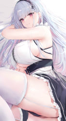 Rule 34 | 1girl, absurdres, arm behind head, azur lane, bare arms, blunt bangs, breasts, dido (azur lane), dress, frilled skirt, frills, garter straps, grey hair, hairband, highres, large breasts, long hair, lshiki, lying, multicolored hair, on side, pink eyes, pink hair, shirt, sideboob, skirt, sleeveless, sleeveless shirt, smile, solo, streaked hair, thighhighs, thighs, white thighhighs