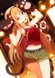 Rule 34 | 10s, 1girl, animal ears, animal hands, belt, blonde hair, blue eyes, blush, boots, buckle, charlotte (anime), dutch angle, eyebrows, fake animal ears, gloves, hair ribbon, lamp, lens flare, light, long hair, looking at viewer, microphone, midriff, navel, nishimori yusa, one eye closed, paw gloves, paw pose, ribbon, rizky (strated), shorts, sleeveless, solo, standing, standing on one leg, tail, tank top, thigh gap, very long hair