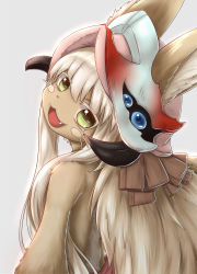 Rule 34 | 1girl, animal ears, body fur, ears through headwear, fang, from behind, furry, furry female, green eyes, grey background, highres, horokusa (korai), long hair, looking at viewer, looking back, made in abyss, nanachi (made in abyss), open mouth, simple background, smile, solo, upper body, white hair