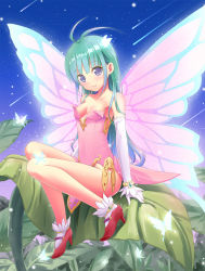 Rule 34 | 1girl, akkijin, antenna hair, bad id, bad pixiv id, blue eyes, breasts, bug, butterfly, butterfly wings, cleavage, elbow gloves, fairy, gloves, green hair, highres, insect, insect wings, large wings, leaf, leotard, long hair, mini person, minigirl, original, sitting, small breasts, smile, solo, white gloves, wings