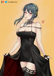 Rule 34 | 1girl, bare shoulders, black dress, black gloves, black hair, black nails, black thighhighs, breasts, closed mouth, damobelmont, dress, fingerless gloves, floating hair, flower, gloves, gold hairband, hair flower, hair ornament, hairband, highres, large breasts, lips, looking at viewer, nail polish, off-shoulder dress, off shoulder, red eyes, red lips, rose, sidelocks, signature, skindentation, skirt hold, solo, spikes, spy x family, thighhighs, twitter logo, two-sided dress, two-sided fabric, yellow background, yor briar, zettai ryouiki