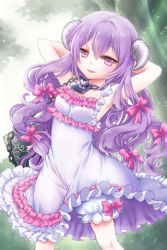Rule 34 | 1girl, amrita (sword girls), armpits, arms behind head, arms up, bittersweet (dalcoms), bloomers, book, chain, dress, frilled dress, frills, hair between eyes, hair ribbon, horns, jewelry, layered dress, lock, long hair, lowres, necklace, open mouth, purple hair, red eyes, ribbon, smile, solo, sword girls, underwear, very long hair