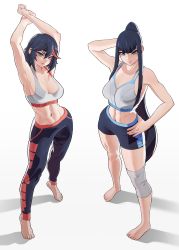 Rule 34 | 2girls, abs, absurdres, arms up, barefoot, black hair, breasts, cleavage, closed mouth, collarbone, commentary, english commentary, female focus, full body, hair between eyes, hand on own hip, highres, kill la kill, kiryuuin satsuki, looking at viewer, matoi ryuuko, midriff, multicolored hair, multiple girls, muscular, muscular female, navel, open mouth, red hair, short hair, siblings, simple background, sisters, standing, stopu, streaked hair