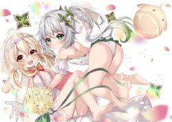 Rule 34 | 2girls, absurdres, ass, backless leotard, bare legs, bare shoulders, barefoot, blonde hair, bow, breasts, brown eyes, cross-shaped pupils, detached sleeves, dress, elbow gloves, genshin impact, gloves, gradient hair, green eyes, green hair, grey hair, hair between eyes, highres, klee (genshin impact), leotard, long hair, low twintails, multicolored hair, multiple girls, nahida (genshin impact), panties, petals, pointy ears, puffy short sleeves, puffy sleeves, red bow, rinringyo, see-through, see-through sleeves, short sleeves, simple background, sleeveless, sleeveless dress, small breasts, soles, streaked hair, symbol-shaped pupils, twintails, underwear, very long hair, white background, white dress, white gloves, white leotard, white panties, white sleeves