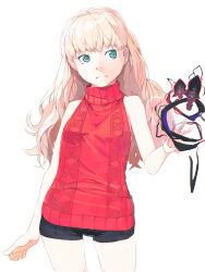 Rule 34 | 1girl, akinbo (hyouka fuyou), bare arms, black shorts, blonde hair, character request, closed mouth, contrapposto, cowboy shot, frown, green eyes, highres, long hair, micro shorts, red sweater, ribbed sweater, shorts, simple background, sleeveless, sleeveless sweater, solo, standing, sweater, white background