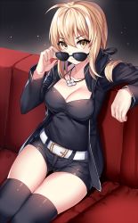 Rule 34 | 1girl, ahoge, arm rest, artoria pendragon (all), artoria pendragon (fate), belt, belt buckle, black ribbon, black skirt, black thighhighs, blonde hair, breasts, buckle, cleavage, closed mouth, collarbone, commentary, couch, fate/stay night, fate (series), gendo0032, hair ribbon, indoors, jacket, jewelry, long hair, looking at viewer, looking over eyewear, medium breasts, necklace, official alternate costume, on couch, ribbon, saber (fate), saber alter, saber alter (ver. shinjuku 1999) (fate), short shorts, shorts, sitting, skirt, smile, solo, sunglasses, thighhighs, white belt, yellow eyes