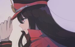 Rule 34 | 1girl, black hair, black hat, cape, closed mouth, collared cape, crest, family crest, fate/grand order, fate (series), gloves, hand on headwear, hat, long hair, long sleeves, looking ahead, melb, military hat, oda nobunaga (fate), oda uri, peaked cap, portrait, red cape, red eyes, red hat, simple background, solo
