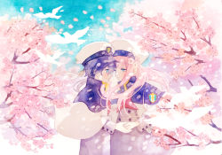 Rule 34 | 10s, 1boy, 1girl, bad id, bad pixiv id, bird, black hair, blue eyes, blue sky, cherry blossoms, cloud, cloudy sky, commentary request, couple, darling in the franxx, day, dress, face-to-face, facing another, floating hair, flower, forehead-to-forehead, green eyes, grey dress, grey shirt, hat, heads together, hetero, highres, hiro (darling in the franxx), holding hands, horns, it yo boy demon, long hair, long sleeves, looking at another, military, military uniform, mocchimochiyade, necktie, oni horns, peaked cap, petals, pink hair, red horns, red neckwear, shirt, sky, uniform, zero two (darling in the franxx)