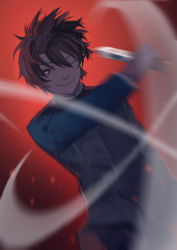 Rule 34 | 1boy, blue jacket, brown eyes, brown hair, closed mouth, club3, dutch angle, hair between eyes, holding, holding knife, incoming attack, jacket, knife, long sleeves, looking at viewer, male focus, melty blood, nanaya shiki, one eye closed, red background, slashing, smile, solo, standing, tsukihime