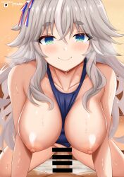 Rule 34 | 1girl, alternate breast size, animal ears, artist name, bar censor, blue eyes, blush, breasts, censored, closed mouth, commentary request, cowgirl position, grey hair, hair between eyes, hair ornament, heavy breathing, highres, horse ears, large breasts, long hair, looking at viewer, nipples, peanut (shokan), pov, school swimsuit, sex, smile, solo, straddling, sweat, swimsuit, thick eyebrows, umamusume, wonder acute (umamusume), yellow background