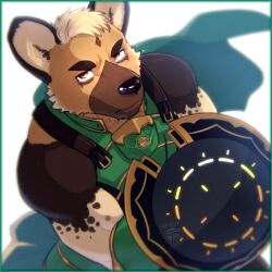 Rule 34 | 1boy, armor, bara, cape, commentary request, crave saga, crying, crying with eyes open, furry, furry male, green armor, green cape, holding, holding shield, hyena boy, hyena ears, looking at viewer, lyon (crave saga), male focus, orange eyes, shield, sleeveless, tears, yowaifish