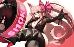 Rule 34 | 1girl, absurdres, animal ear fluff, animal ears, black bodysuit, bodysuit, bow, breasts, center opening, choker, cleavage, eyewear strap, fate/grand order, fate (series), fox ears, fox girl, fox tail, glasses, grin, hair between eyes, hair bow, high heels, highres, hip vent, koyanskaya (assassin) (first ascension) (fate), koyanskaya (fate), large breasts, long hair, looking at viewer, naze, pink bow, pink hair, ponytail, sidelocks, smile, smoke grenade, solo, tail, tamamo (fate), yellow eyes