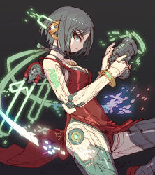Rule 34 | 1girl, ada wong, black hair, black thighhighs, breasts, capcom, character name, cleavage, cyber elves, dress, green eyes, gun, holding, holding gun, holding weapon, joints, mechanical arms, mechanical wings, medium breasts, mega man (series), mega man zero (series), nakayama tooru, red dress, resident evil, robot ears, robot girl, robot joints, solo, teppen, thighhighs, weapon, wings