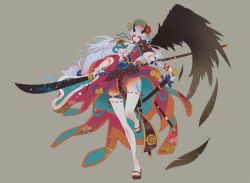 Rule 34 | 1girl, absurdres, bad anatomy, black wings, flower, full body, hair flower, hair ornament, hat, highres, holding, holding weapon, horns, meijin93, naginata, original, polearm, sandals, sheath, solo, standing, standing on one leg, tattoo, thighhighs, weapon, white hair, white thighhighs, wings