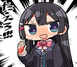 Rule 34 | 1girl, :d, black hair, black jacket, blazer, blue eyes, blush, bow, bowtie, breasts, collared shirt, hair ornament, hairclip, hand up, jacket, kanikama, long hair, long sleeves, looking at viewer, lowres, nijisanji, nose blush, open mouth, pink bow, pink bowtie, shirt, small breasts, smile, solo, sweat, translation request, tsukino mito, tsukino mito (1st costume), very long hair, virtual youtuber, white background, white shirt