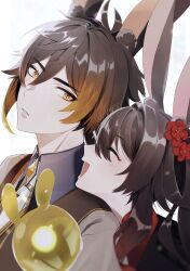 Rule 34 | 1boy, 1girl, animal ears, black hair, blush, brown hair, coat, commentary, eyeliner, eyeshadow, face-to-face, flower, formal, genshin impact, gradient hair, hair between eyes, highres, hu tao (genshin impact), looking at another, makeup, multicolored hair, necktie, open mouth, plum blossoms, rabbit ears, red eyeshadow, seelie (genshin impact), shirt, signature, smile, suit, symbol-only commentary, upper body, white necktie, wnhr gnsn, yellow eyes, zhongli (genshin impact)