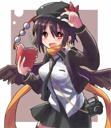 Rule 34 | + +, 1girl, black hat, black skirt, black thighhighs, breasts, brown hair, brown jacket, brown wings, cabbie hat, camera, collared shirt, commentary request, feathered wings, hat, highres, holding, holding pen, jacket, kuromu (underporno), long sleeves, loose necktie, medium breasts, necktie, notebook, open clothes, open jacket, open mouth, pen, pom pom (clothes), red eyes, scarf, shameimaru aya, shirt, short hair, skirt, solo, thighhighs, touhou, translation request, white shirt, wings, yellow scarf, zettai ryouiki