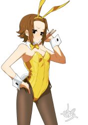 Rule 34 | 1girl, absurdres, animal ears, bare shoulders, bow, bowtie, breasts, brown eyes, brown hair, brown pantyhose, cleavage, commentary request, cowboy shot, detached collar, drumsticks, fake animal ears, fake tail, forehead, hairband, hand on own hip, highres, holding, holding drumsticks, k-on!, kicchi (tmgk), leotard, looking at viewer, pantyhose, playboy bunny, rabbit ears, rabbit tail, short hair, simple background, small breasts, solo, standing, tail, tainaka ritsu, white background, wrist cuffs, yellow bow, yellow bowtie, yellow hairband, yellow leotard