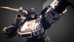 Rule 34 | 3d, absurdres, autobot, commentary, concept art, emblem, energy cannon, energy gun, english commentary, highres, jazz (transformers), machinery, mecha, pointing, ray gun, realistic, rex2017, robot, rocket launcher, science fiction, shoulder cannon, transformers, upper body, weapon