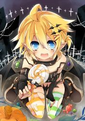 Rule 34 | 1boy, androgynous, blonde hair, blue eyes, candy, child, collar, crossdressing, elbow gloves, fingerless gloves, food, gloves, halloween, highres, kagamine len, leeannpippisum, lollipop, male focus, panties, pointy ears, short hair, solo, thighhighs, torn clothes, torn thighhighs, trap, underwear, vocaloid, wings