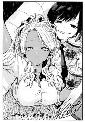 Rule 34 | 2girls, black eyes, braid, breasts, bubble tea, commentary request, couch, cup, dark skin, dark-skinned female, disposable cup, drink, drinking straw, food court de mata ashita, greyscale, grin, gyaru, hair over shoulder, highres, holding, holding cup, large breasts, looking up, monochrome, multiple girls, nariie shin&#039;ichirou, necktie, plaid, plaid skirt, pleated skirt, school uniform, selfie, shirt, skirt, smile, straight hair, wada (food court), wavy hair, white shirt, yamamoto (food court)