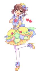 Rule 34 | back bow, beret, blue bow, blush, bow, brown eyes, brown hair, choker, collarbone, commentary request, dress, flower, frilled dress, frills, full body, gloves, hair between eyes, hands on own cheeks, hands on own face, hands up, hat, heart, high heels, highres, idolmaster, idolmaster cinderella girls, kita hinako, looking at viewer, open mouth, pantyhose, pink ribbon, pmoufu, ribbon, rose, short hair, smile, solo, sparkling eyes, standing, standing on one leg, star (symbol), white background, white gloves, white pantyhose, yellow dress, yellow footwear, yellow hat