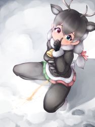 Rule 34 | 1girl, absurdres, animal ears, antlers, bell, black sweater, breasts, collar, finger to mouth, fur-trimmed sweater, fur trim, green eyes, grey hair, hair ribbon, heterochromia, highres, horns, kemono friends, leggings, long hair, long sleeves, low twintails, medium breasts, neck bell, outdoors, peeing, red eyes, reindeer (kemono friends), reindeer girl, ribbon, shushing, skirt, smile, snow, solo, squatting, sweater, twintails, two-tone skirt, y-san (yoshino yuuri)