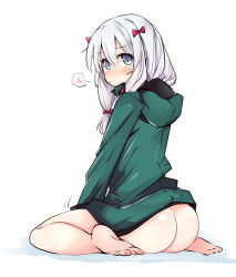 Rule 34 | 10s, 1girl, absurdres, ass, barefoot, blue eyes, blush, bottomless, bow, closed mouth, commentary request, eromanga sensei, eyes visible through hair, feet, from behind, full body, green jacket, hair between eyes, hair bow, highres, izumi sagiri, jacket, long hair, looking at viewer, looking back, motion lines, pink bow, shirogane (platinum), silver hair, simple background, sitting, soles, solo, spoken blush, sweat, track jacket, wariza, white background