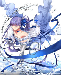 Rule 34 | 1girl, bare shoulders, blue bow, blue eyes, bow, breasts, bubble, choker, cleavage, collarbone, earrings, fate/grand order, fate (series), flat chest, frills, groin, hair bow, highres, jewelry, long hair, looking at viewer, meltryllis, meltryllis (fate), meltryllis (swimsuit lancer) (fate), meltryllis (swimsuit lancer) (third ascension) (fate), midriff, nishimi shin, prosthesis, prosthetic leg, purple hair, side ponytail, sleeves past wrists, solo, very long hair, water