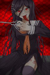 Rule 34 | 1girl, black hair, black skirt, black thighhighs, breasts, chain-link fence, collarbone, danganronpa (series), danganronpa another episode: ultra despair girls, fence, fukawa toko, genocider shou, glasses, hair ornament, hairclip, highres, holding, holding scissors, large breasts, leg tattoo, long hair, long sleeves, long tongue, neckerchief, orange neckerchief, outdoors, pleated skirt, red background, round eyewear, scissors, skirt, solo, tattoo, thighhighs, tongue, tongue out, torn clothes, torn neckerchief, yu sha rei