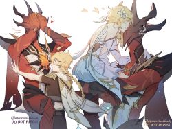 Rule 34 | 1girl, 2boys, abyss lector (genshin impact), aether (genshin impact), ahoge, armor, armored dress, backless outfit, blonde hair, blush, braid, brother and sister, cape, closed mouth, commentary, covering face, dress, english commentary, feet out of frame, flower, genshin impact, gold trim, hair flower, hair ornament, head kiss, heart, highres, kabedon, kiss, kissing forehead, lifting person, long hair, looking at another, lumine (genshin impact), missedflashhook, multiple boys, scarf, siblings, simple background, single braid, sitting, smile, standing, steam, twitter username, white background, white dress, white flower, white scarf, yellow eyes