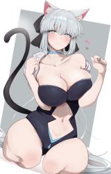 Rule 34 | 1girl, absurdres, animal ears, black bow, black leotard, blue eyes, blush, bow, braid, breasts, cat ears, cat tail, choker, cleavage, fate/grand order, fate (series), french braid, grey hair, hair bow, highres, large breasts, leotard, long hair, looking at viewer, masini-mashini615, morgan le fay (fate), ponytail, seiza, sidelocks, sitting, solo, tail, thighs, very long hair