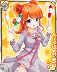 Rule 34 | 1girl, alternate costume, blue eyes, bow, breasts, card (medium), girlfriend (kari), grey shirt, grey skirt, hands up, holding, large breasts, official art, open mouth, orange hair, plum neckwear, plum ribbon, qp:flapper, red bow, sagara emi, shirt, shoes, skirt, smile, solo, tagme, twintails, yellow background