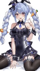 Rule 34 | 1girl, :d, alternate costume, animal ears, bare shoulders, black dress, black headwear, black thighhighs, blue hair, braid, breasts, carrot hair ornament, cleavage, covered navel, don-chan (usada pekora), dress, food-themed hair ornament, garter straps, hair ornament, hat, highres, hololive, long hair, looking at viewer, medium breasts, mini hat, mini top hat, multicolored hair, open mouth, rabbit ears, rabbit girl, raiya atelier, red eyes, short eyebrows, sidelocks, simple background, sitting, smile, teeth, thighhighs, top hat, twin braids, twintails, two-tone hair, upper teeth only, usada pekora, usada pekora (furi furi bunny dress), virtual youtuber, wariza, white background, white hair, wrist cuffs