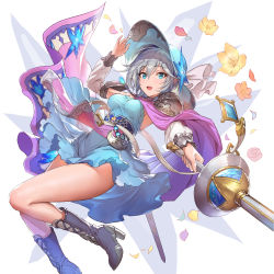 Rule 34 | 10s, 1girl, absurdres, anastasia (idolmaster), bad id, bad twitter id, blue eyes, boots, cape, commentary request, dress, elbow gloves, flower, gloves, granblue fantasy, granblue fantasy (style), hat, high heel boots, high heels, highres, holding, holding weapon, idolmaster, idolmaster cinderella girls, jewelry, knee boots, necklace, rapier, revision, scabbard, sheath, short dress, short hair, shoulder pads, silver hair, smile, solo, sparkle, sword, teffish, weapon