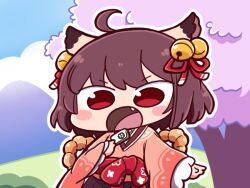 Rule 34 | 1girl, ahoge, animal ears, bell, blush stickers, brown hair, cat ears, cat girl, chibi, eating, fang, hair bell, hair ornament, holding, holding mahjong tile, ichihime, japanese clothes, korean commentary, mahjong, mahjong soul, mahjong tile, medium hair, open mouth, outdoors, red eyes, solo, tree, v-shaped eyebrows, wide sleeves, wonwon oneone