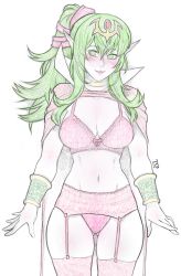 Rule 34 | 1girl, blush, bow, bow bra, bra, breasts, cleavage, closed mouth, colored pencil, fire emblem, fire emblem awakening, garter belt, gluteal fold, green eyes, green hair, highres, large breasts, lips, long hair, looking at viewer, navel, nintendo, panties, pencil, pointy ears, red bra, red panties, sidelocks, sketch, smile, solo, tabletorgy, tiki (adult) (fire emblem), tiki (fire emblem), underwear