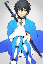 Rule 34 | 1boy, agatsuma zenitsu, alternate color, alternate hair color, black bow, black hair, bow, demon slayer uniform, feet out of frame, grey background, hair between eyes, hands up, haori, highres, holding, holding sword, holding weapon, invisible chair, japanese clothes, katana, kimetsu no yaiba, knees up, long sleeves, looking away, male focus, pants, pants tucked in, parted lips, player 2, shin guards, short hair, sideways glance, simple background, sitting, solo, sword, weapon, white pants, yama (y yyyama), yellow eyes