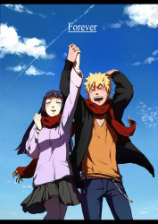 Rule 34 | 1boy, 1girl, arm up, black hair, black pantyhose, blonde hair, blue sky, casual, closed eyes, cloud, contemporary, contrail, couple, day, denim, hetero, highres, holding hands, hyuuga hinata, jacket, jeans, letterboxed, lialli, long hair, naruto, naruto (series), pants, pantyhose, scarf, shared clothes, shared scarf, skirt, sky, smile, uzumaki naruto, white eyes