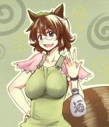 Rule 34 | 1girl, animal ears, bracelet, breasts, brown eyes, brown hair, dra (area-s), female focus, futatsuiwa mamizou, glasses, hand on own hip, hip focus, jewelry, jug (bottle), large breasts, leaf, leaf on head, object on head, open mouth, pince-nez, raccoon ears, raccoon tail, smirk, solo, tail, touhou, upper body