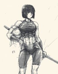 Rule 34 | 1girl, abs, arms at sides, black hair, breasts, closed mouth, des(desvitio), desorienter, eyelashes, large breasts, legs, medium breasts, neck, nose, original, polearm, rienna (desvitio), shirt, short hair, signature, solo, weapon