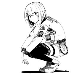 Rule 34 | 1girl, alternate costume, badge, belt, bob cut, bomber jacket, commentary request, full body, greyscale, hair ornament, highres, inverted bob, jacket, kantai collection, looking at viewer, masukuza j, maya (kancolle), monochrome, short hair, shorts, solo, squatting, thighhighs, x hair ornament
