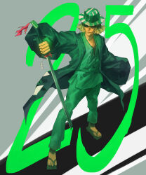 Rule 34 | 1boy, absurdres, arm up, bleach, blonde hair, bucket hat, closed mouth, coat, feet, flipped hair, full body, geta, green pants, green shirt, green theme, hair between eyes, haori, hat, hieumay, highres, holding, holding sword, holding weapon, japanese clothes, long sleeves, looking at viewer, male focus, medium hair, number background, pants, shikai, shinigami, shirt, solo, standing, striped clothes, striped headwear, sword, toes, urahara kisuke, weapon, wide sleeves, zanpakutou
